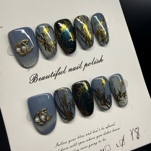 Luxury Blue Black Press On Nails
